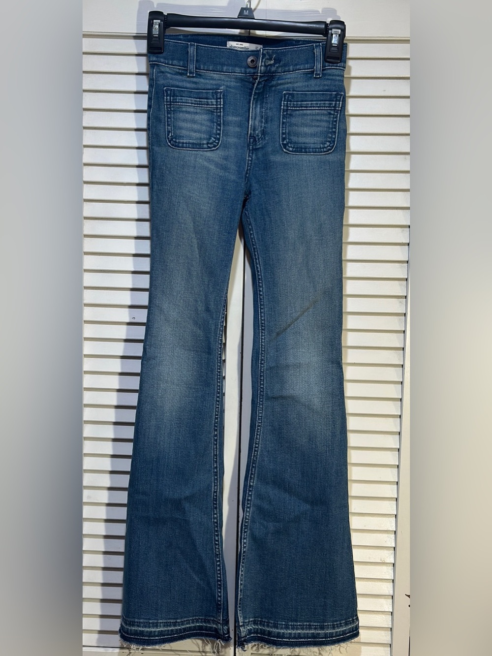 Y2K Low Rise Extreme Flare Bell Bottom Jeans Patch Pocket Raw Hem Girls 12
